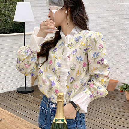 Romantic Turtleneck Patchwork Ruffled Flare Sleeve Shirt