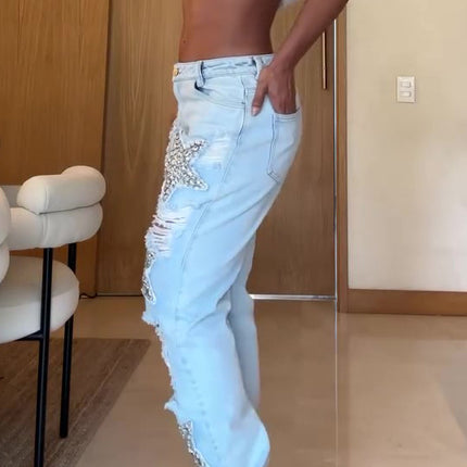 Five-pointed Star Hot Diamond Ripped Jeans
