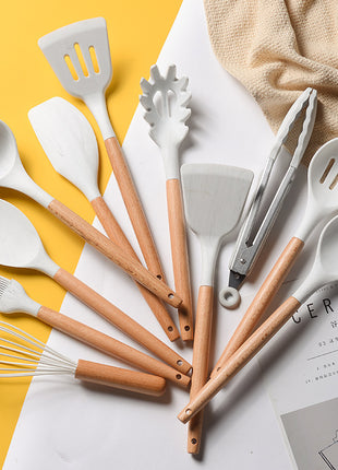 11-Piece White Marble Silicone Kitchen Utensil Set with Wooden Handles