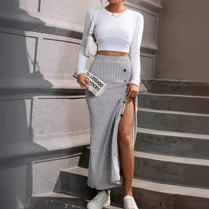 Knitted Dress Sunken Stripe Slit Fastener Decoration Sheath Skirt