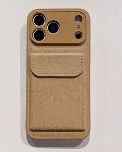 Beige phone case with a pocket on a light gray background