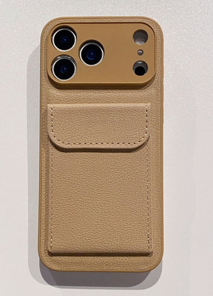 Beige phone case with a pocket on a light gray background