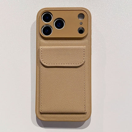 Beige phone case with a pocket on a light gray background