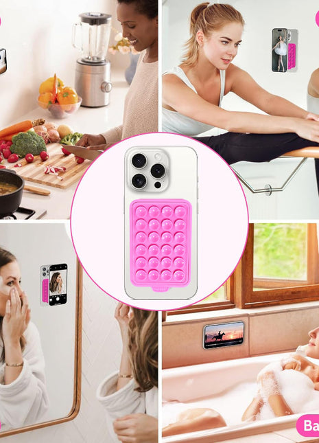 Collage of lifestyle images with a pink phone case in the center.