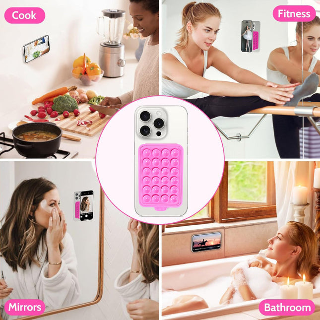 Collage of lifestyle images with a pink phone case in the center.