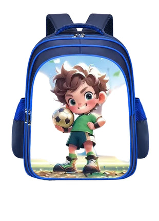Backpack with a cartoon character of a boy playing football on a blue background