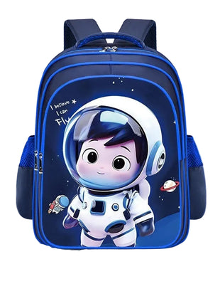 Backpack with cartoon astronaut design on a blue background