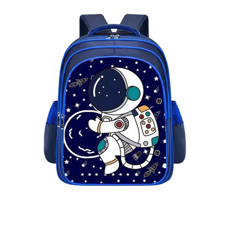 Backpack with cartoon astronaut design on a blue background