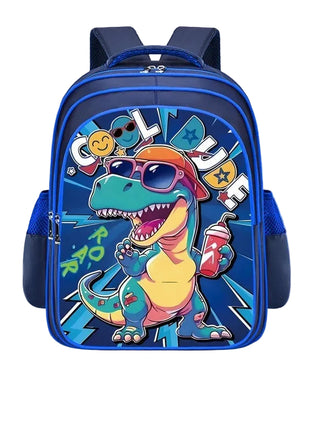 Blue dinosaur backpack with colorful design on a blue background