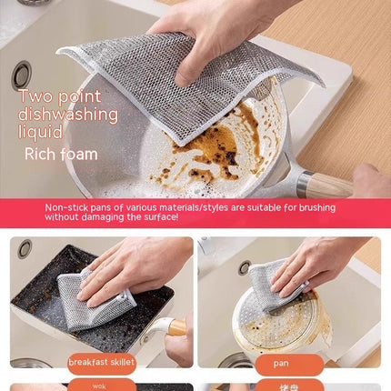 Person cleaning a frying pan with a mesh scrubber, with text about dishwashing liquid and pan types.