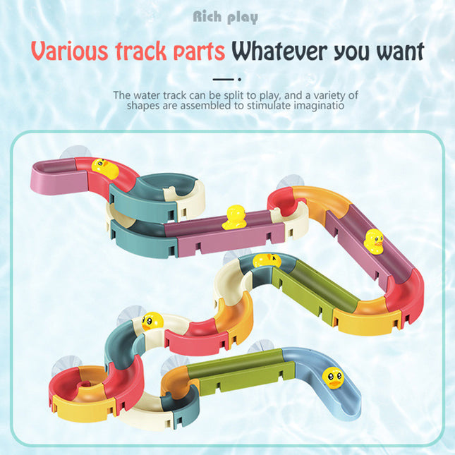 Colorful track parts for a water track toy on a light blue background