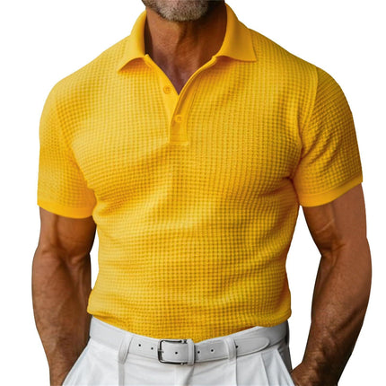 Man wearing a yellow checkered polo shirt on a white background
